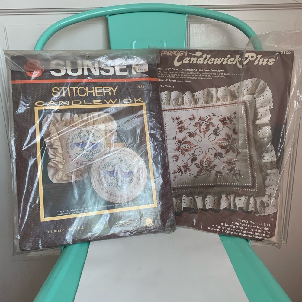 New Vintage Candlewick Embroidery Throw Pillow Kits-Lot of 2